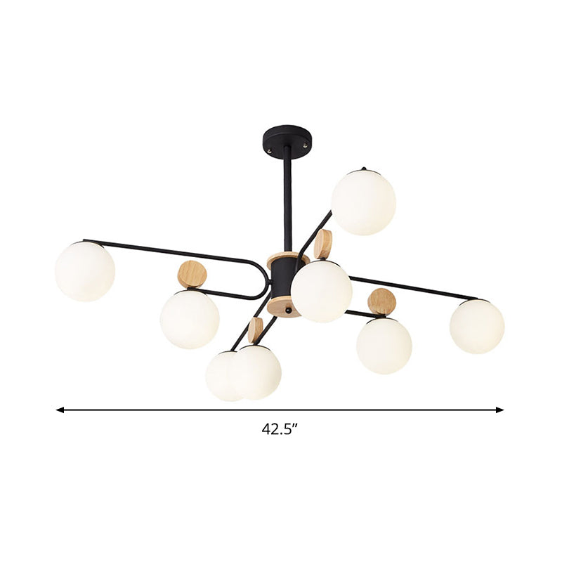 Lustre rond en verre laiteux moderniste en noir - Plafonnier avec 6/8 têtes suspendues