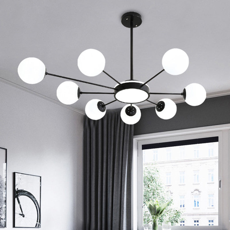 Lustre rond moderne en verre blanc avec 8 suspensions noires