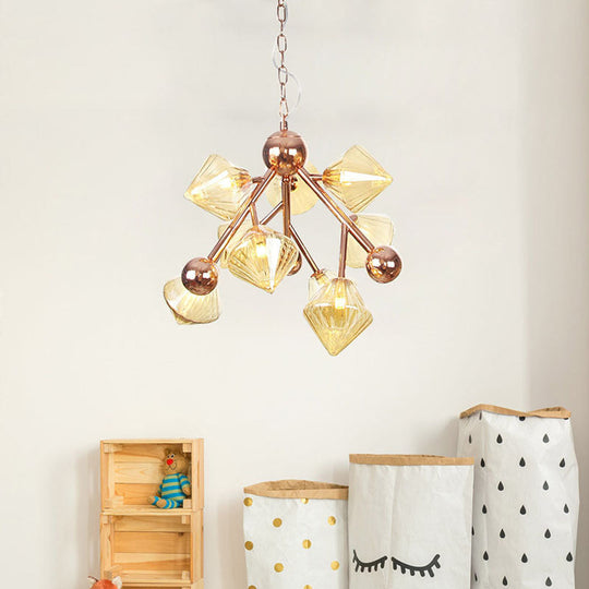 Rose Gold Diamond Chandelier Light With Amber Glass Shade - Modern 9 Head Pendant Fixture