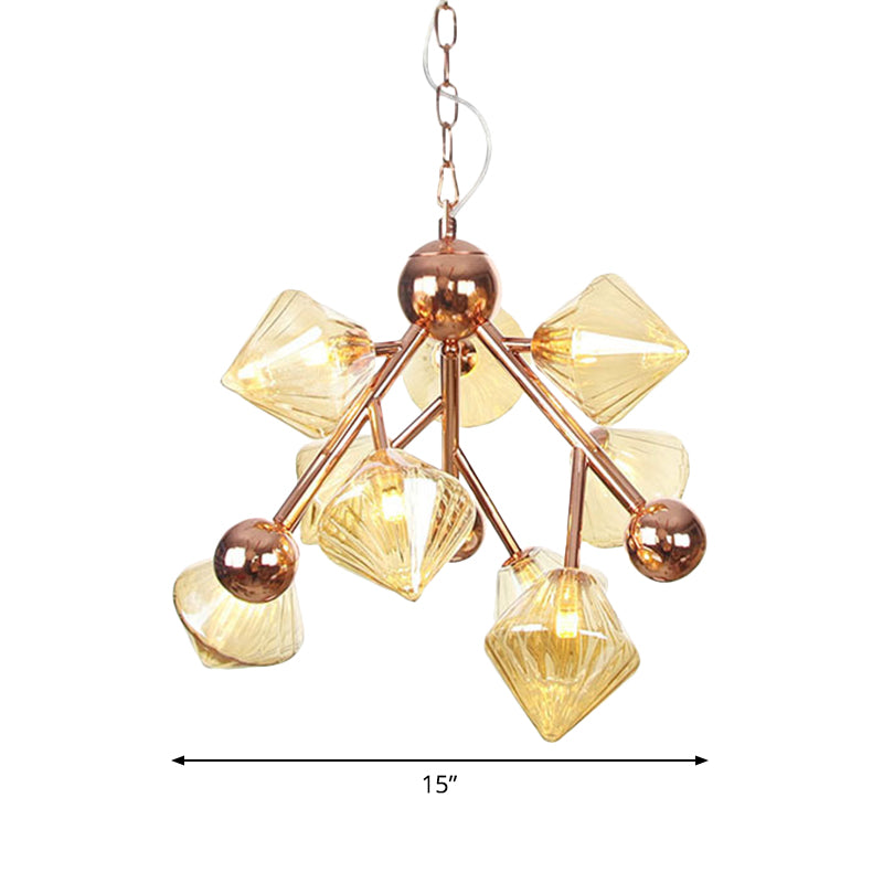 Lustre moderne à 9 têtes - Pendentif diamant en or rose avec abat-jour en verre ambré