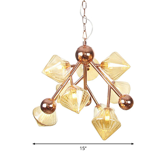 Lustre moderne à 9 têtes - Pendentif diamant en or rose avec abat-jour en verre ambré
