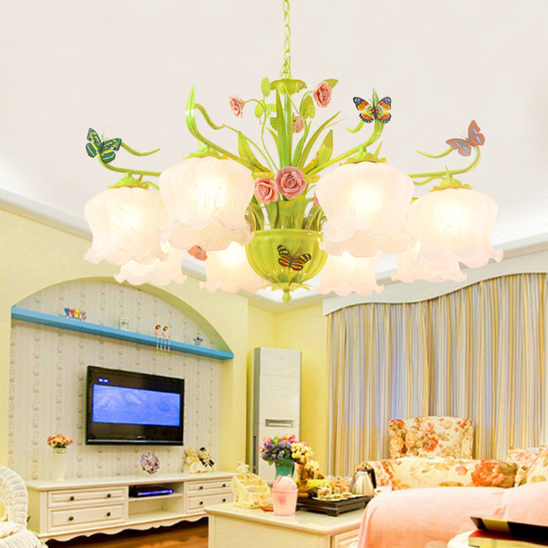 Opal Glass Green Chandelier With 8 Heads | Countryside Flower Pendant Light Fixture For Living Room