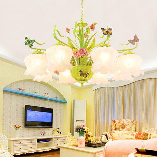 Opal Glass Green Chandelier With 8 Heads | Countryside Flower Pendant Light Fixture For Living Room