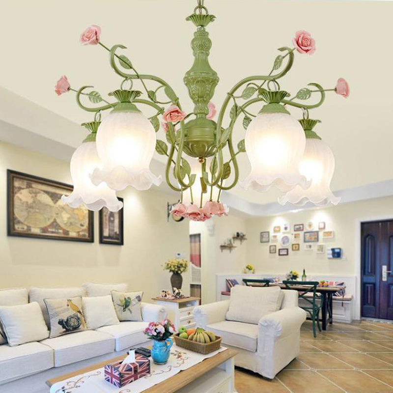 Sandblasted Glass Chandelier - 5 Bulbs Traditional White/Green Floral Design Bedroom Pendant