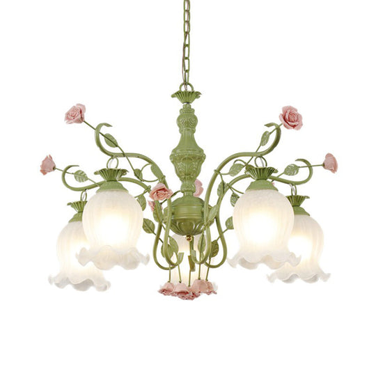 Sandblasted Glass Chandelier - 5 Bulbs Traditional White/Green Floral Design Bedroom Pendant