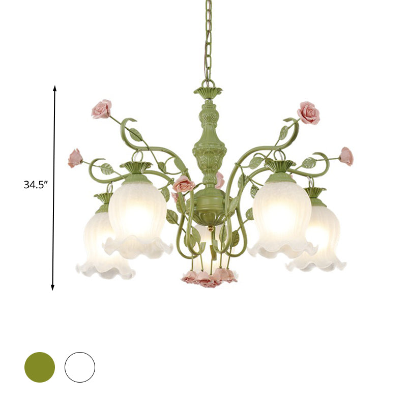 Sandblasted Glass Chandelier - 5 Bulbs Traditional White/Green Floral Design Bedroom Pendant