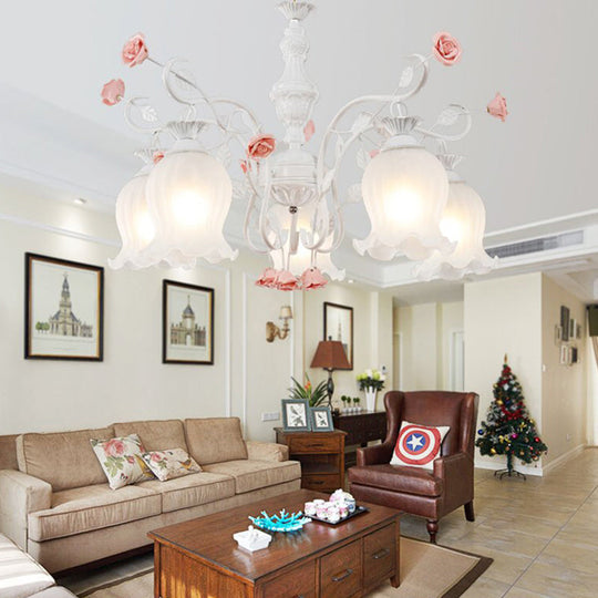 Sandblasted Glass Chandelier - 5 Bulbs Traditional White/Green Floral Design Bedroom Pendant