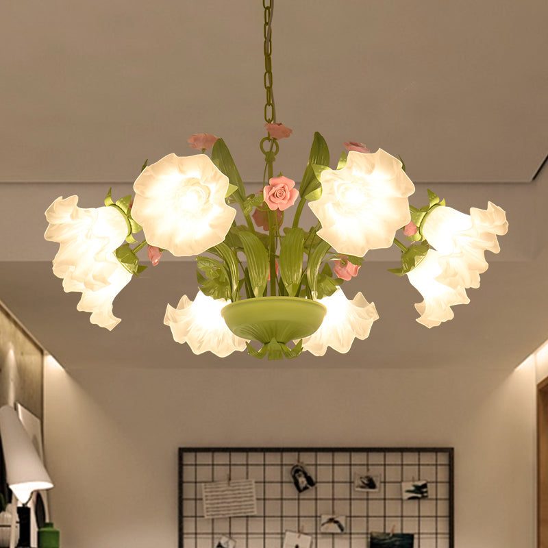 Countryside Flower Hanging Pendant Opal Glass Chandelier In Green For Bedroom - 6/8 Heads Lighting