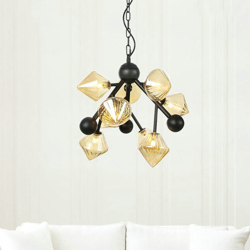 Lustre moderne en forme de pyramide en verre ambré - Suspension à 9 têtes pour plafond de salle à manger