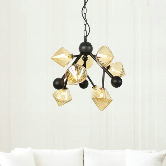 Lustre moderne en forme de pyramide en verre ambré - Suspension à 9 têtes pour plafond de salle à manger