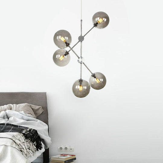 Lustre contemporain en forme de boule de verre fumé - Plafonnier à 5 ampoules pour chambre à coucher