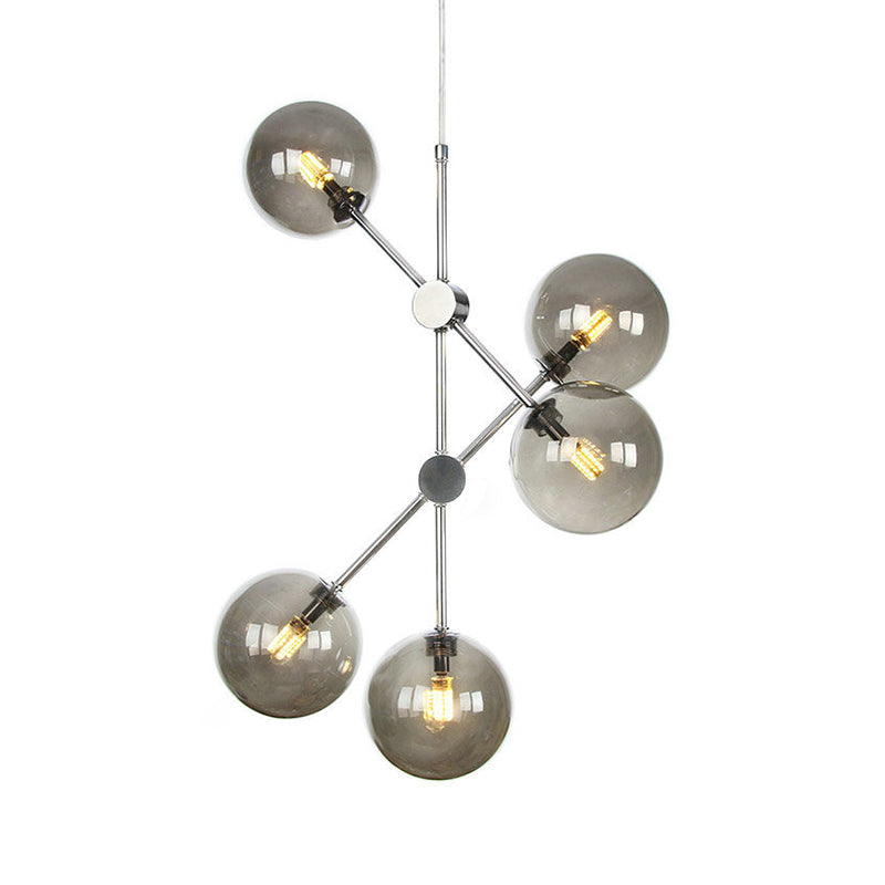 Lustre contemporain en forme de boule de verre fumé - Plafonnier à 5 ampoules pour chambre à coucher
