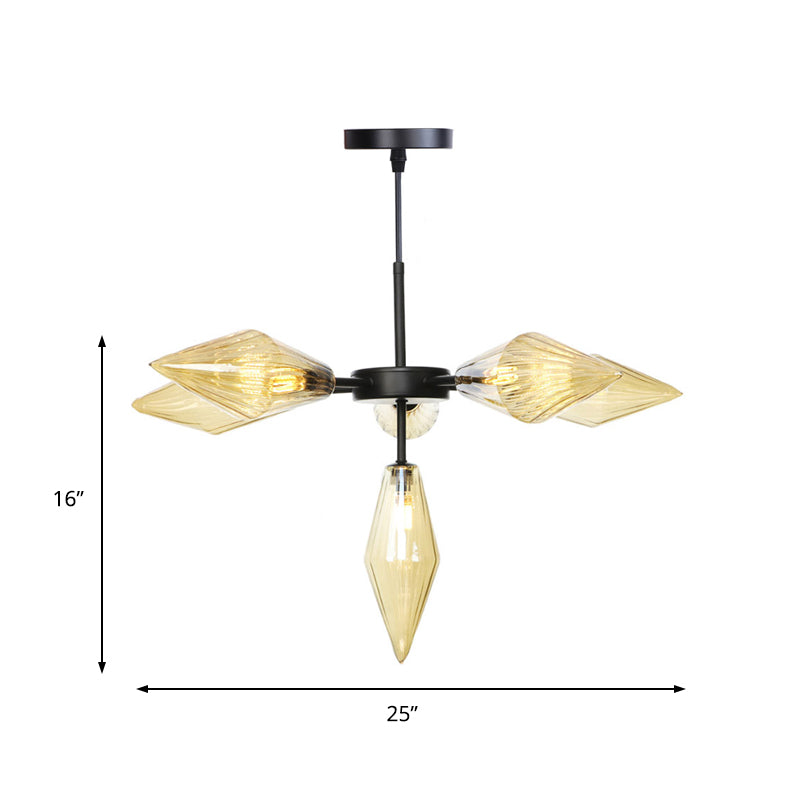 Lustre conique noir moderne avec 6 têtes en verre ambré - Plafonnier élégant