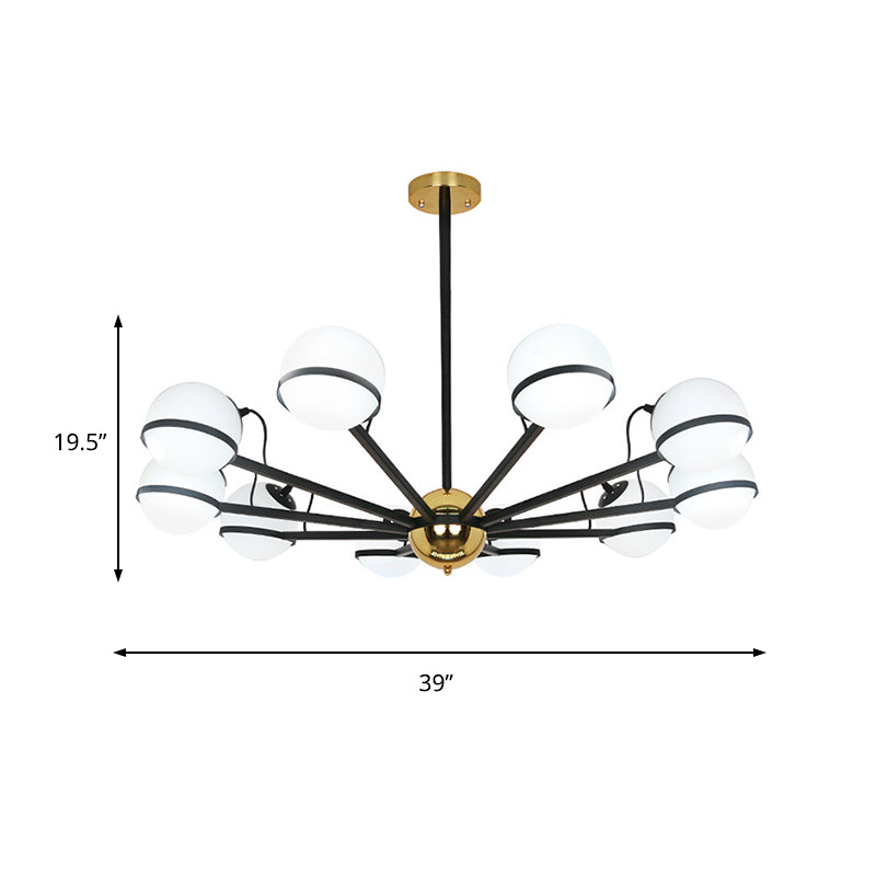 Modernist Round Hanging Chandelier - Frosted White Glass - 6/8/10 Bulbs - Black Pendant Light Fixture