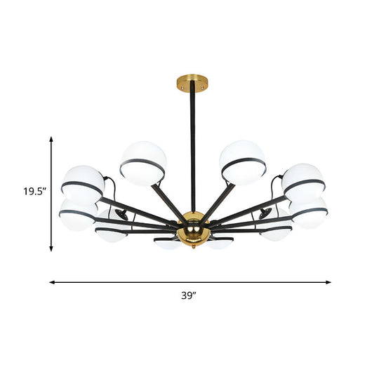 Modernist Round Hanging Chandelier - Frosted White Glass - 6/8/10 Bulbs - Black Pendant Light Fixture