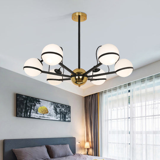Modernist Round Hanging Chandelier - Frosted White Glass - 6/8/10 Bulbs - Black Pendant Light Fixture