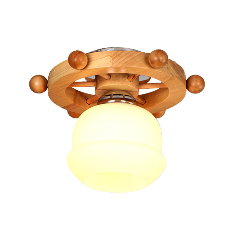 Nordic 1-Light White Glass Flushmount Ceiling Light with Wheel Backplate - Ideal for Bathrooms