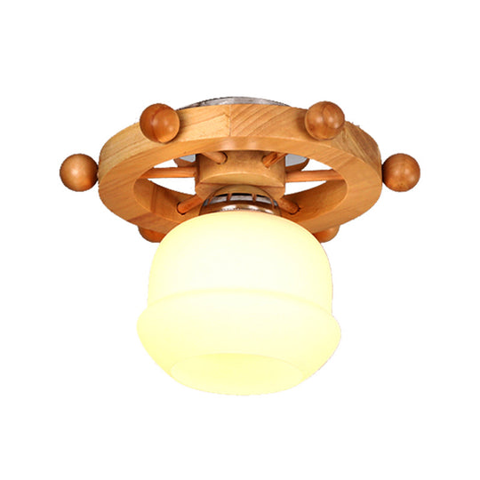 Nordic 1-Light White Glass Flushmount Ceiling Light with Wheel Backplate - Ideal for Bathrooms