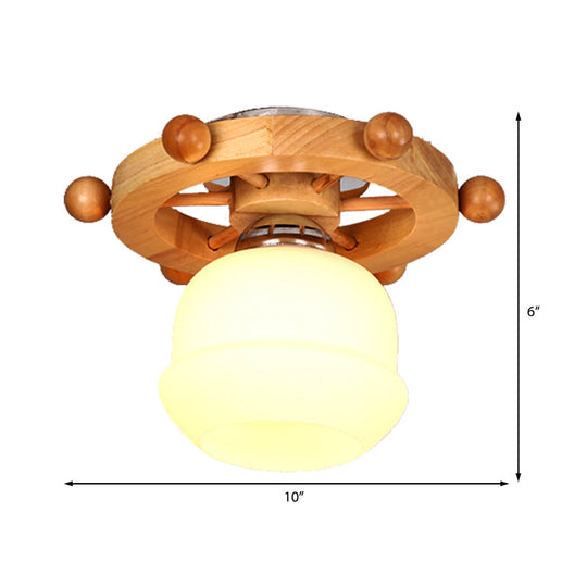 Nordic 1-Light White Glass Flushmount Ceiling Light with Wheel Backplate - Ideal for Bathrooms