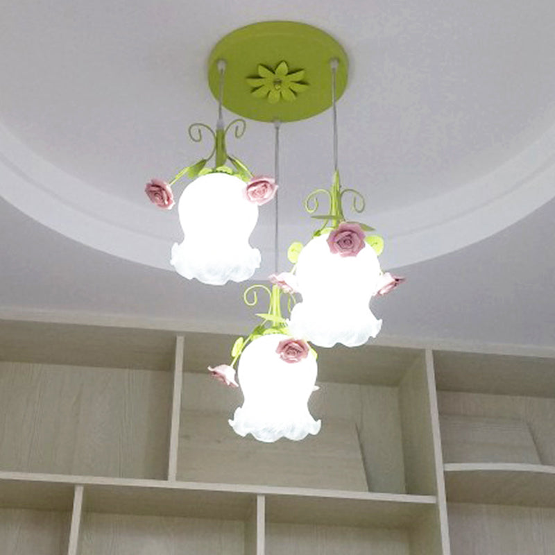 Opal Glass Flower Cluster Pendant Light - Countryside Style 3 Heads White/Green
