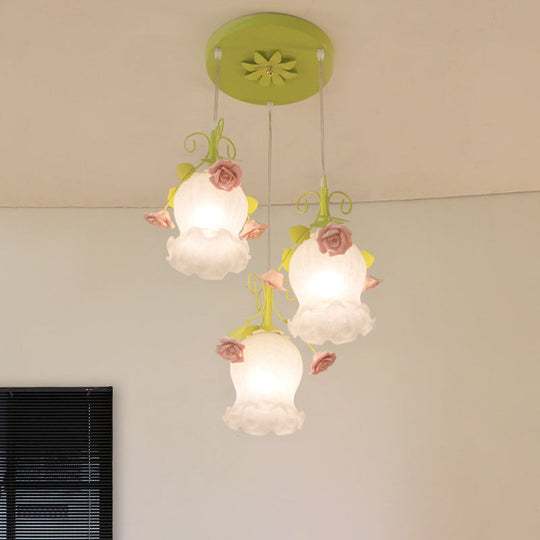 Opal Glass Flower Cluster Pendant Light - Countryside Style 3 Heads White/Green