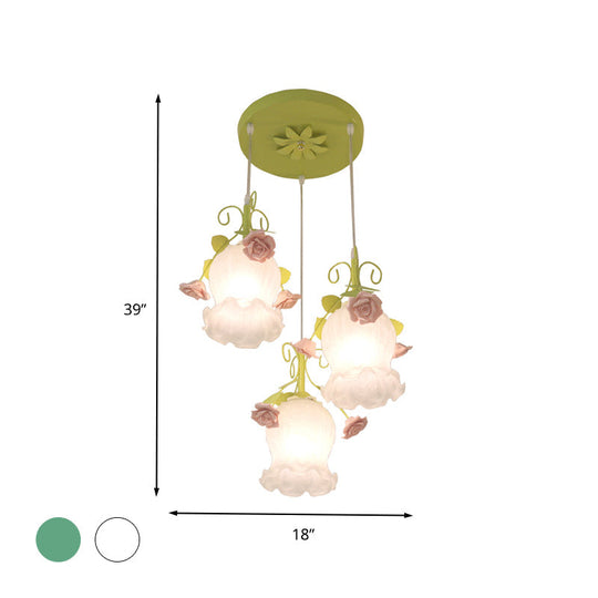 Opal Glass Flower Cluster Pendant Light - Countryside Style 3 Heads White/Green