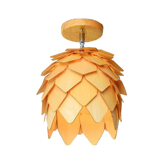 Plafonnier semi-encastré moderne en bois de forme carrée/trompette/ananas - Montage intérieur à 1 lampe