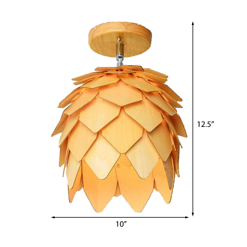 Plafonnier semi-encastré moderne en bois de forme carrée/trompette/ananas - Montage intérieur à 1 lampe