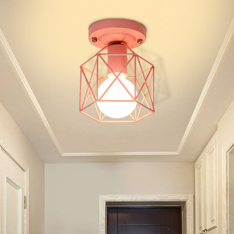 Minimalist Metal Frame Ceiling Mounted Light with White, Pink, and Green Accents - Ideal for Cloakroom