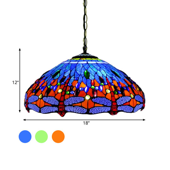 Tiffany Dragonfly Chandelier Light Fixture - 3-Light Orange/Blue/Green Cut Glass Hanging Lamp For