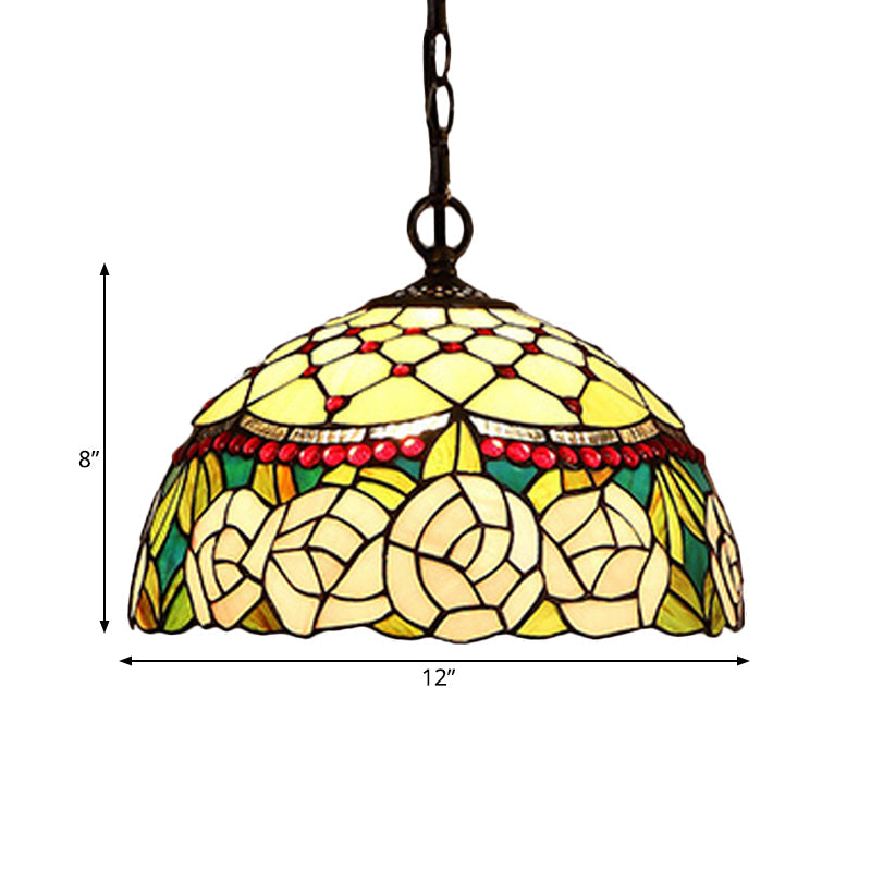 1/2-Light Mediterranean Bronze Kitchen Chandelier Pendant with Red/Yellow Glass Shade - 12"/16" W