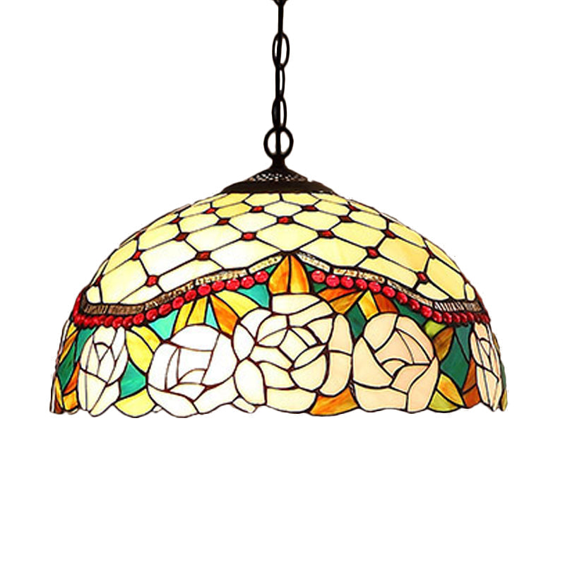 1/2-Light Mediterranean Bronze Kitchen Chandelier Pendant with Red/Yellow Glass Shade - 12"/16" W