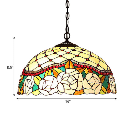 Mediterranean Bronze Kitchen Chandelier Pendant Light With Red/Yellow Cut Glass Shade - 12/16 W