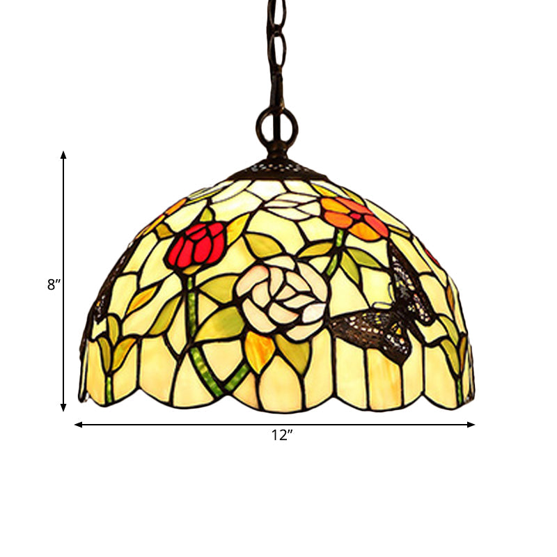 1/2-Light Mediterranean Bronze Kitchen Chandelier Pendant with Red/Yellow Glass Shade - 12"/16" W