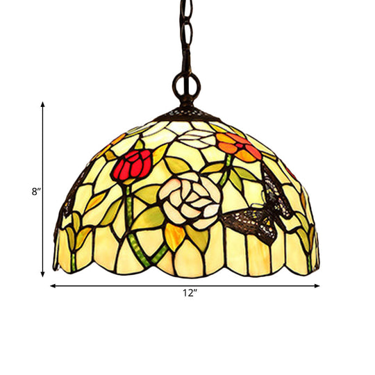 Mediterranean Bronze Kitchen Chandelier Pendant Light With Red/Yellow Cut Glass Shade - 12/16 W