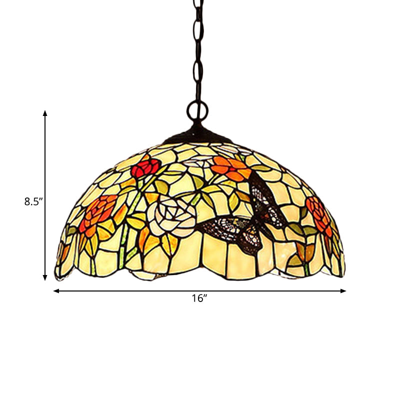 1/2-Light Mediterranean Bronze Kitchen Chandelier Pendant with Red/Yellow Glass Shade - 12"/16" W