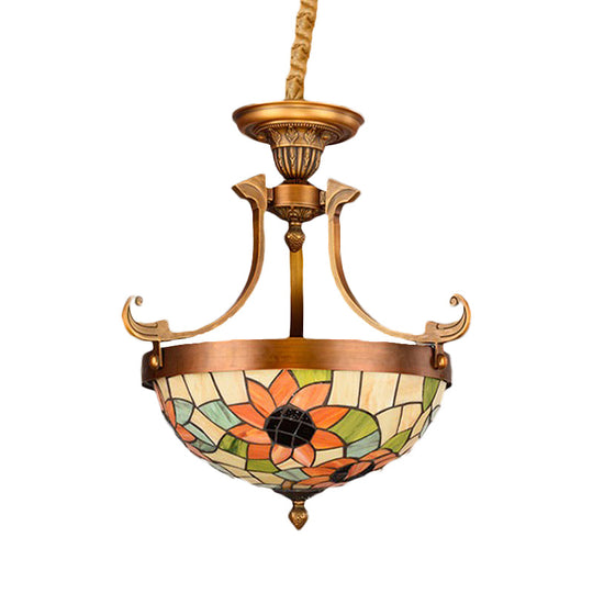 16/18 White Flower/Leaf Chandelier Light With Stained Glass - Victorian Hanging Lamp Kit (3 Lights)
