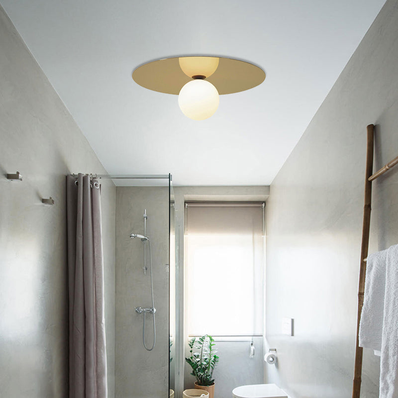 Contemporary 12" Flushmount Ceiling Lamp with Brass Finish, Milk Glass Shade & 1 Bulb