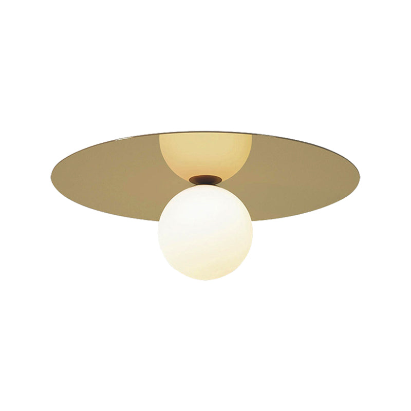 Contemporary 12" Flushmount Ceiling Lamp with Brass Finish, Milk Glass Shade & 1 Bulb