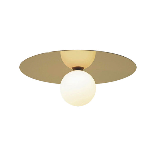 Contemporary 12" Flushmount Ceiling Lamp with Brass Finish, Milk Glass Shade & 1 Bulb