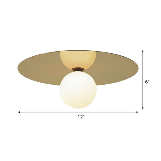 Contemporary 12" Flushmount Ceiling Lamp with Brass Finish, Milk Glass Shade & 1 Bulb