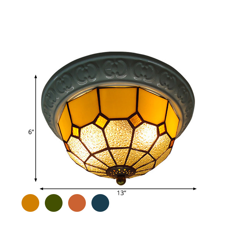 Colorful Grid Pattern Flush Mount Ceiling Light for Hallway - 2 Lights with Tiffany Style Cut Glass