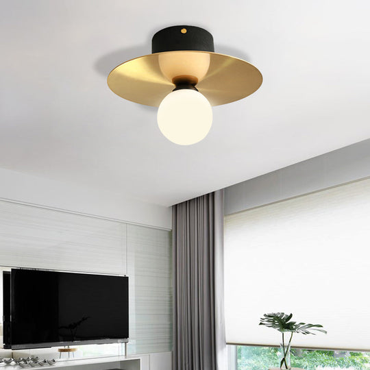 Modern Milk Glass Ceiling Light Fixture with Gold Disk - Contemporary 1-Bulb Lighting for Living Room
