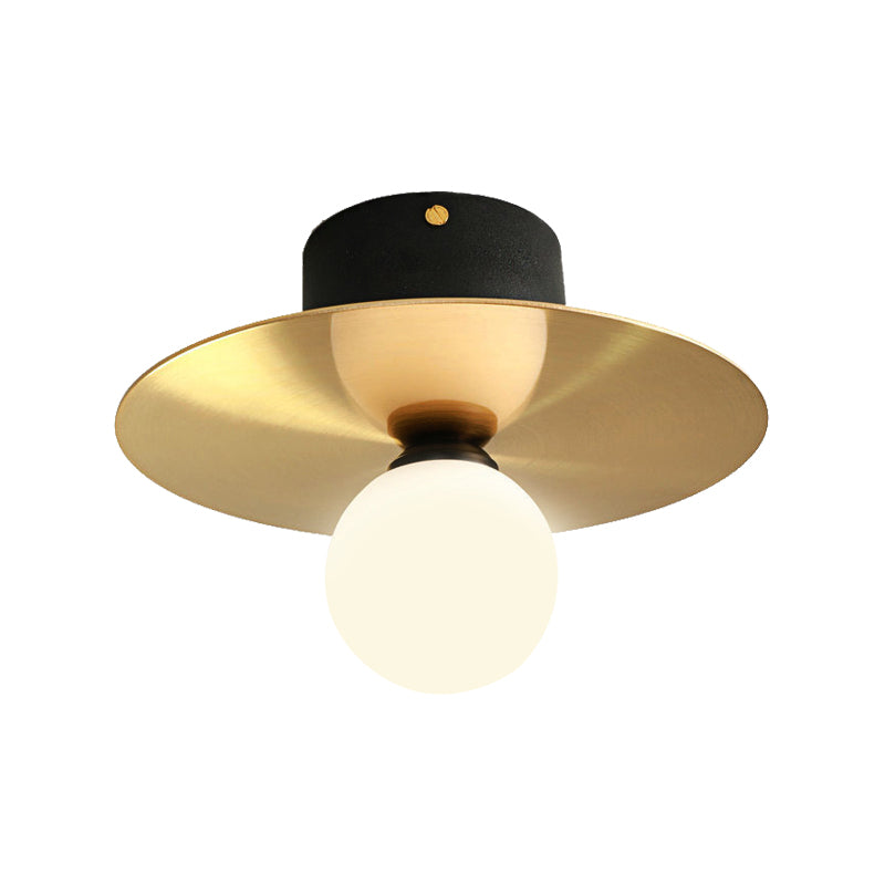 Modern Milk Glass Ceiling Light Fixture with Gold Disk - Contemporary 1-Bulb Lighting for Living Room