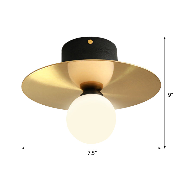 Modern Milk Glass Ceiling Light Fixture with Gold Disk - Contemporary 1-Bulb Lighting for Living Room