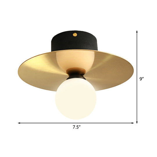 Modern Milk Glass Ceiling Light Fixture with Gold Disk - Contemporary 1-Bulb Lighting for Living Room