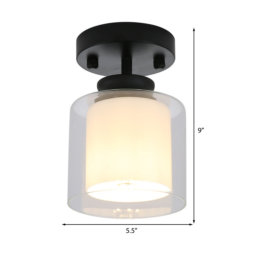 Contemporary Cylinder Semi Flush Ceiling Light with Glass Shade - Black/Silver/Gold Finish, 1 Bulb Fixture