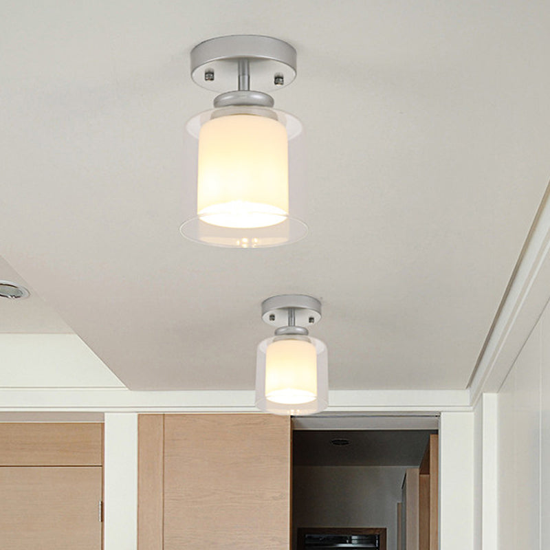 Contemporary Cylinder Semi Flush Ceiling Light with Glass Shade - Black/Silver/Gold Finish, 1 Bulb Fixture