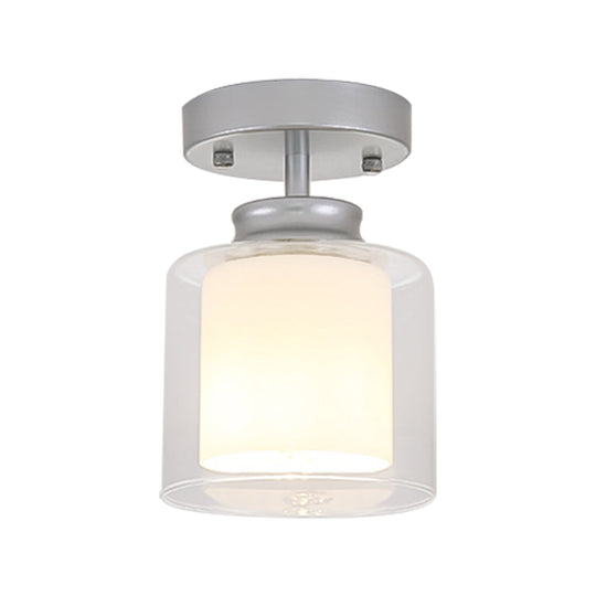 Contemporary Cylinder Semi Flush Ceiling Light with Glass Shade - Black/Silver/Gold Finish, 1 Bulb Fixture