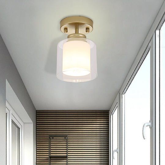 Contemporary Cylinder Semi Flush Ceiling Light with Glass Shade - Black/Silver/Gold Finish, 1 Bulb Fixture